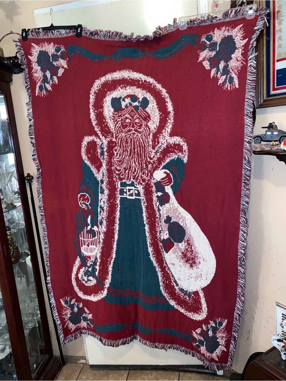 Vintage Holiday Santa Throw Blanket - Red, Green, White Two Sided 40 BY 64